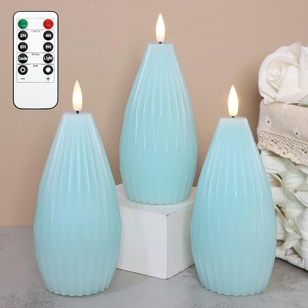 IMMEISCENT BLUE RIBBED FLAMELESS CANDLES WITH REMOTE FLICKERING REALISTIC BATTERY POWERED LED REAL WAX DECORATIVE CANDLE GEOMETRIC AESTHETIC RIBBED MODERN OCEAN DECOR FOR HOME TABLE FIREPLACE, 3PACK