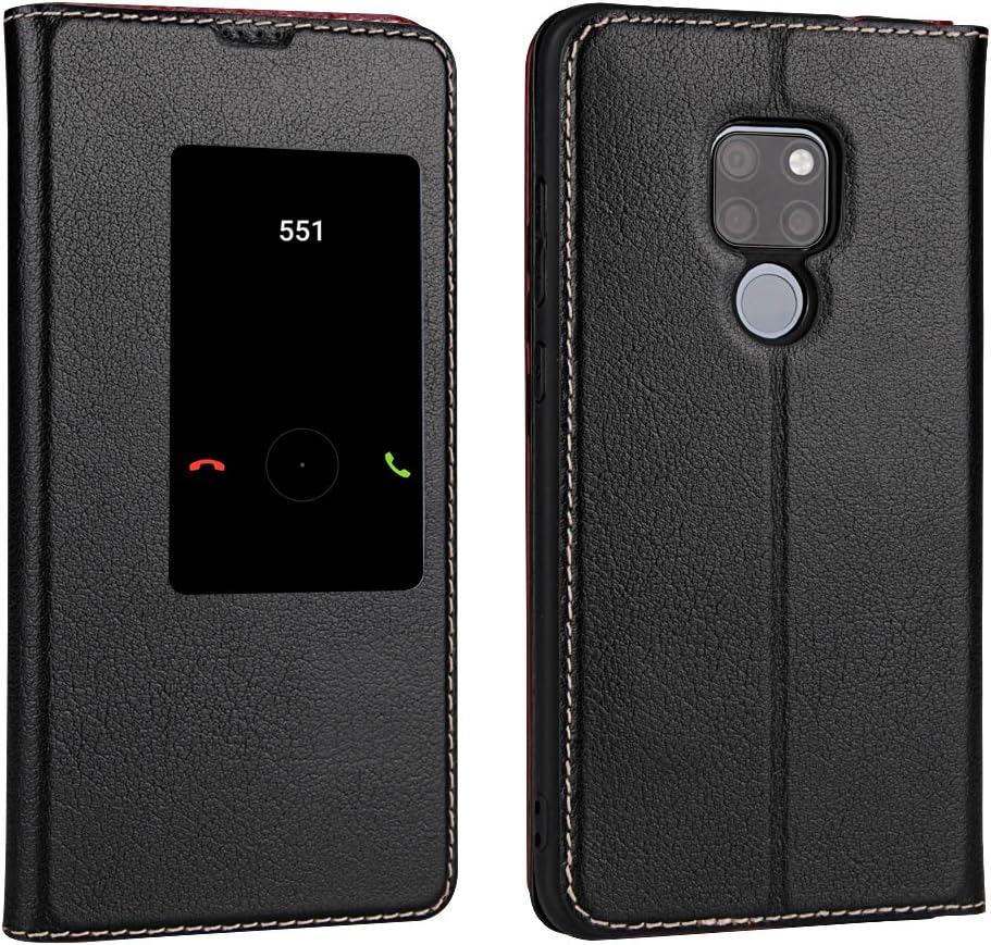 DouKou Huawei Mate 20 X Cover,Cowhide [GENUINE LEATHER] Clamshell folding bracket case + Smart Window View + Lntelligent sleep/wake-up function suitable for Huawei Mate 20 X (7.2-Inch Black)