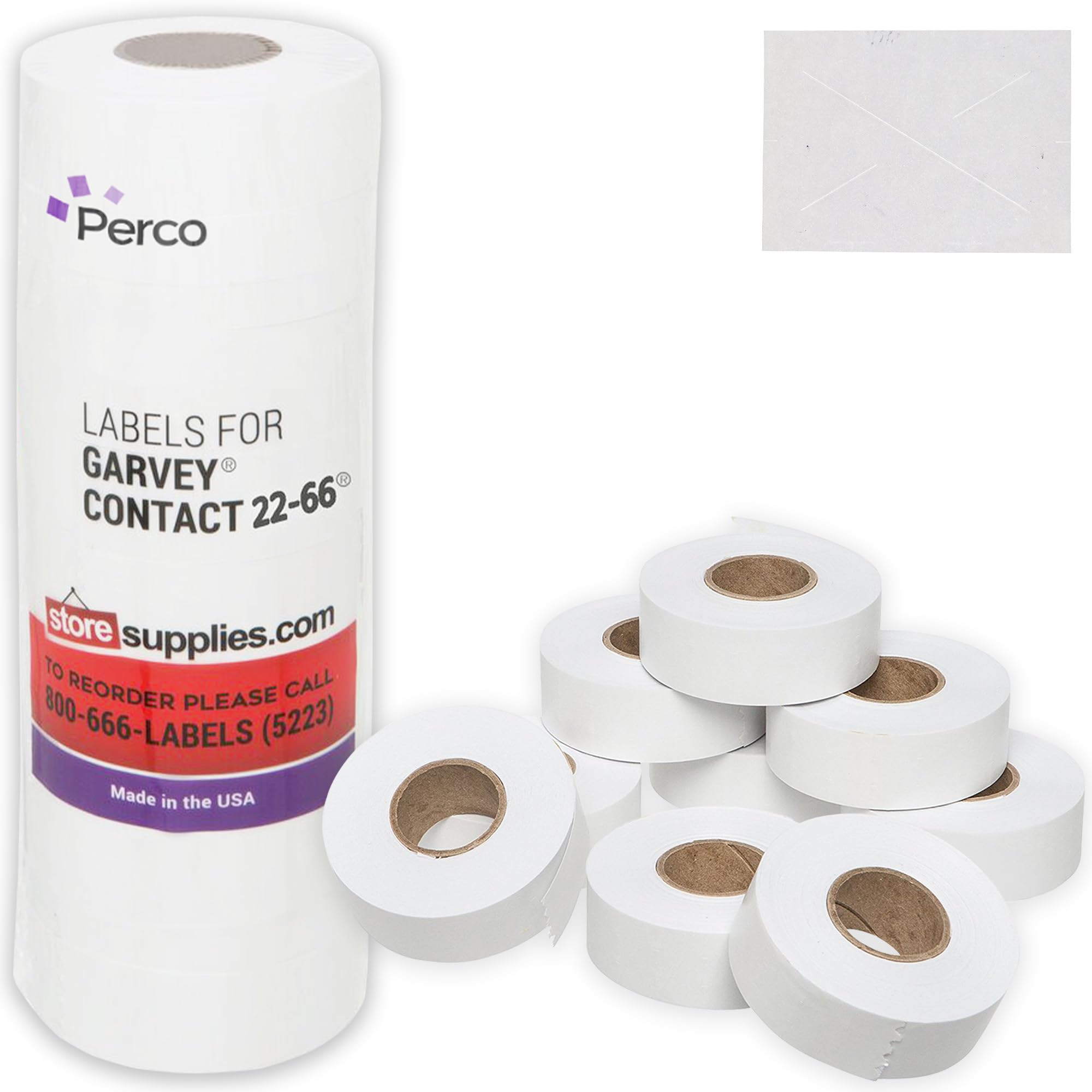 Photo 1 of Perco White Garvey 2216 Pricing Labels for Garvey 22-66/22-77/22-88 Two Line Pricing Gun - 9 Rolls, 1 Sleeve - 9,000 Pricemarking Labels and 1 Inker Included