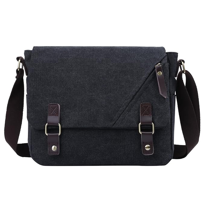 Eshow Herren Canvas Freizeit Täglich Umhängetasche Schultertasche Taschen Retro Messenger Bag 14 Zoll Laptop Geeign, Schwarz