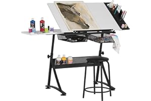 SD STUDIO DESIGNS Fusion Drafting Table with Stool, Height Adjustable Desk with Tilt Top, Charcoal / White