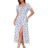 WDIRARA Women's Floral Print Tie Front Square Neck Short Sleeve Split Thigh Dress