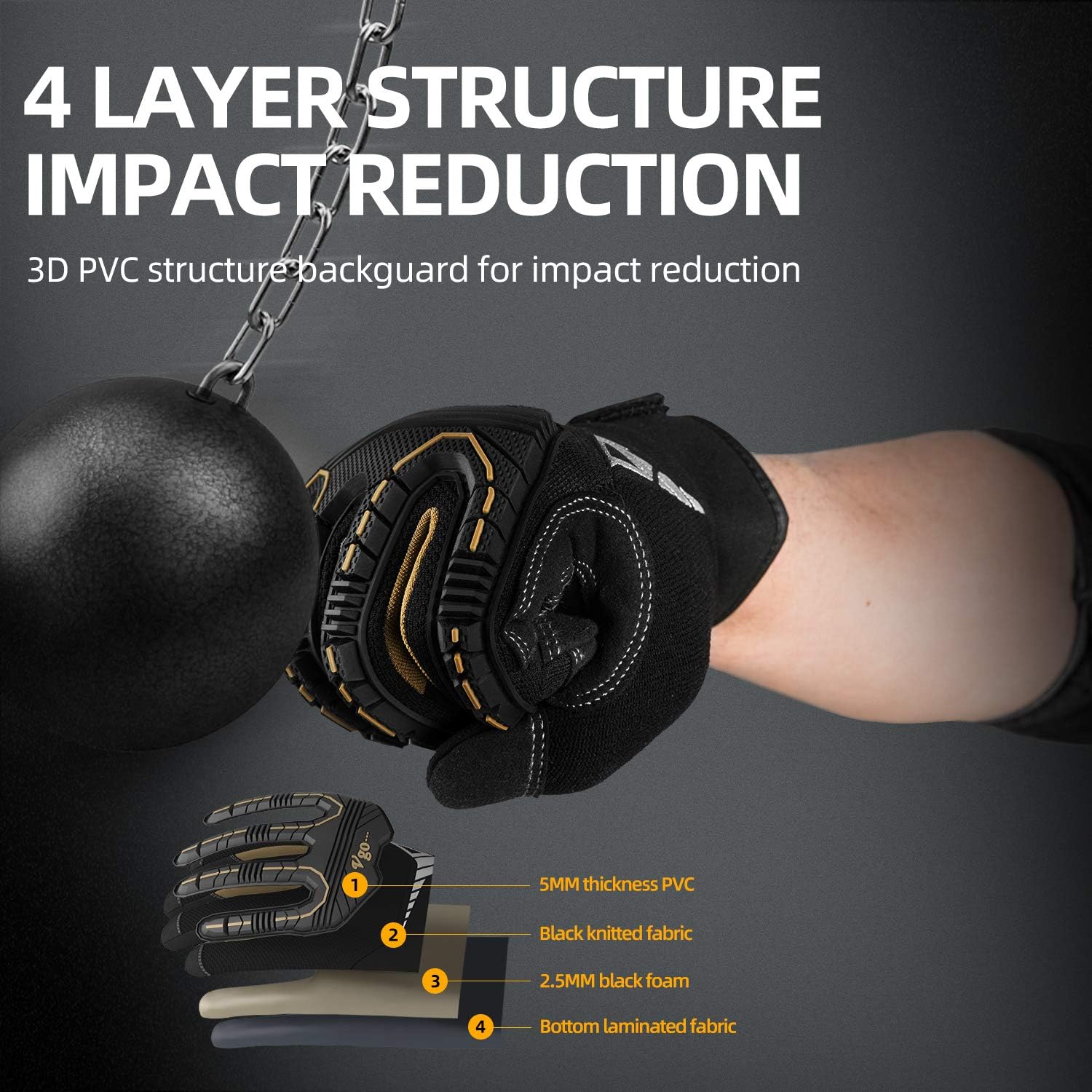 Vgo 1-Pair Heavy-Duty Synthetic Leather Work Gloves, Impact Protection Mechanic Gloves, Rigger Gloves, High Dexterity, Vibration Reduction, Touchscreen Capable (Size L, Black, SL8849) - - 