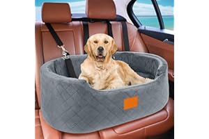 Feporen Dog Car Seat for Medium & Large Dogs up to 55 lbs, Elevated Booster Seat with Anti-Slip Base, Detachable & Machine-Washable Pet Car Bed for SUV/Sedan (Gray)