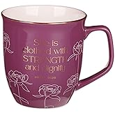 Christian Art Gifts Large Ceramic Inspirational Scripture Coffee & Tea Mug for Women: Strength & Dignity Gold Encouraging Bible Verse Cute Lead/Cadmium Free Drinkware, Purple Plum/White Floral, 14 oz.