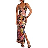RoseSeek Women's Tropical Graphic V Neck Midi Dresses Sleeveless Split Beach Vacation Cami Dress