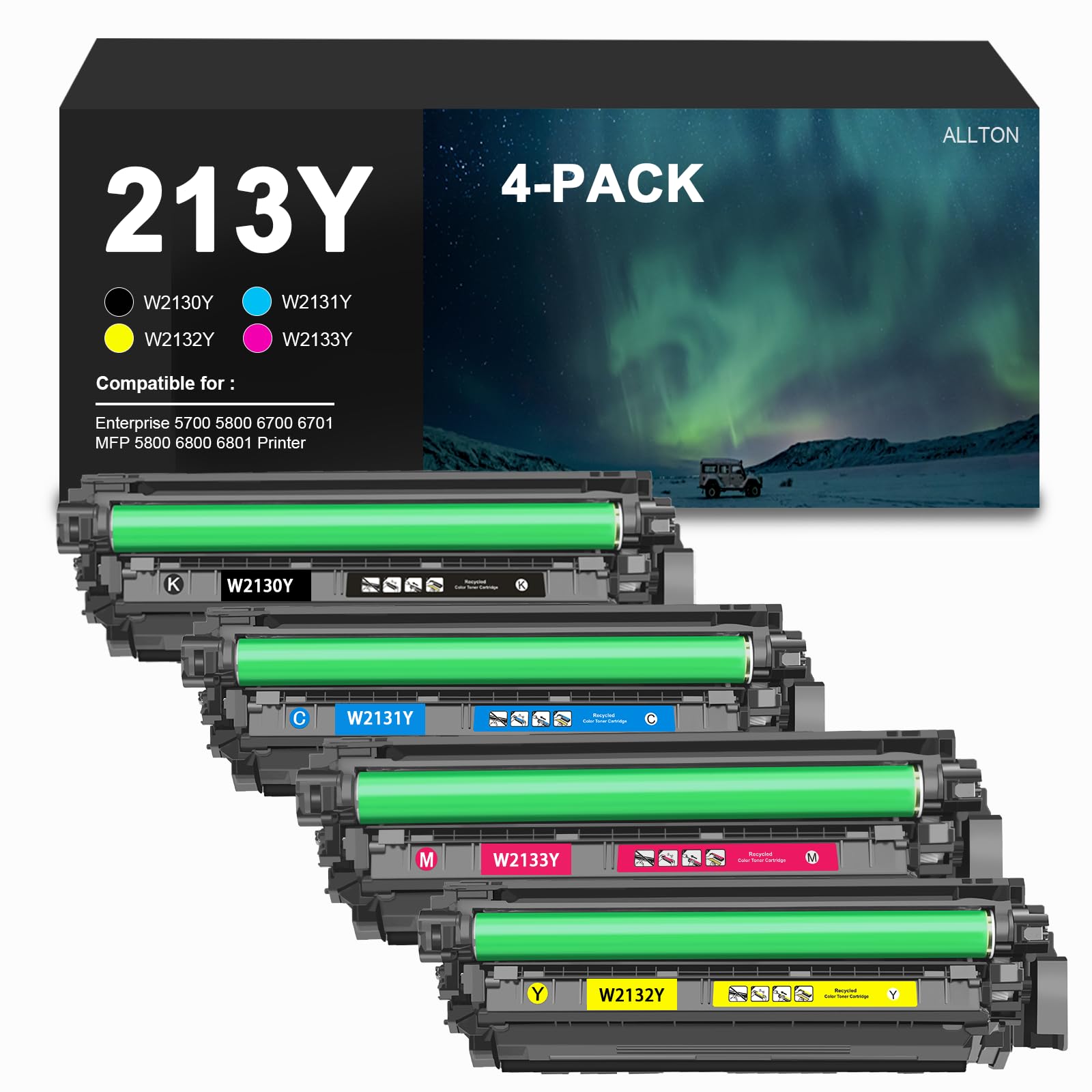 Photo 1 of Allton Extra High Capacity 213Y Toner Cartridge W2130Y W2131Y W2132Y W2133Y Toner 213Y Toner Cartridge Replacement for Enterprise 5700 6700 6701 MFP 5800 6800 6801 Printer(4-Pack)