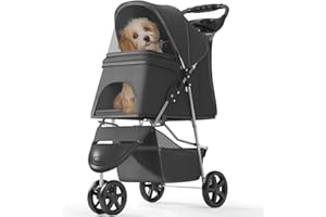 OS MOTOR Pet Stroller with 3 Wheels for Small/Medium Pets, Portable Travel Foldable Carrier Jogger for Dog Cat Puppy Kitty, Rear Wheel Breaks, Storage Basket, Visible Mesh with Weather Cover (Black)