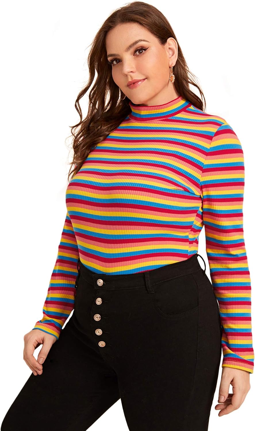 Download Floerns Women's Plus Size Mock Neck Knitted Rainbow Striped T Shirts Tee Top at Amazon Women's ...
