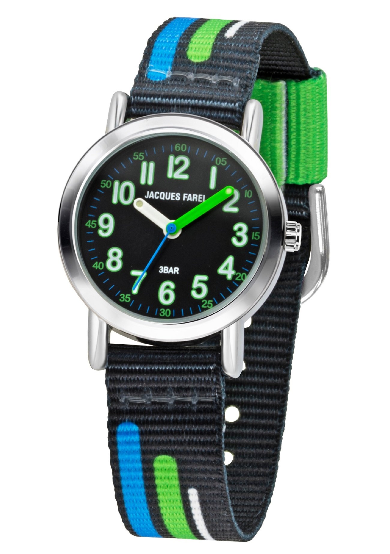 JACQUES FAREL KPS 403 Kids Children's Analogue Quartz Watch with Fabric Strap Black Blue Green, Green, Strap.