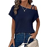 Dokotoo Womens Summer Tops Off One Shoulder Waffle Knit Short Sleeve T-Shirts Casual Lightweight Solid Color Blouses