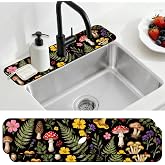 CONCHLERY 2 Pcs Kitchen Sink Splash Guard Faucet Mat Colorful Mushrooms and Flowers Pattern Faucet Mat for Sinks Leaves Absorbing Drying Mat for Kitchen Bathroom, 23.6x5.5inch
