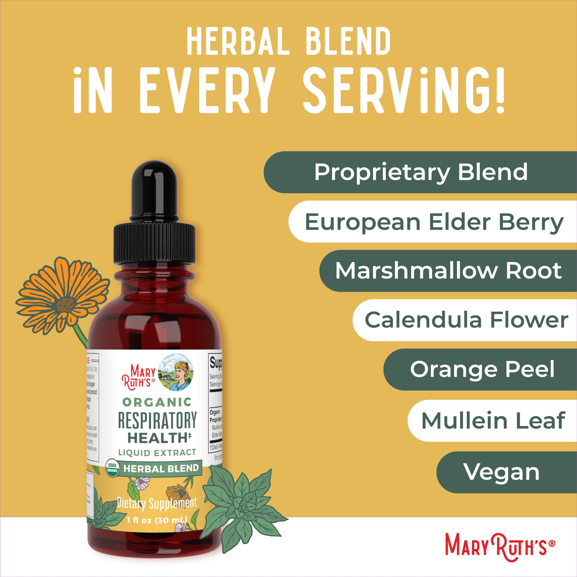 MaryRuth Organics USDA Organic Respiratory Health Liquid Drops with Mullein Leaf | Marshmallow Root & Elderberry | Mullein Drops for Lungs Herbal Blend | Immune Support Supplement | Vegan | 1 Fl Oz