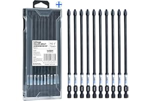 toolant 6 Inch Long Phillips Bit#2 Magnetic Anti Slip Impact Screwdriver Bits Set,10pcs Insert S2 Steel PH2 Driver Dit Set wi