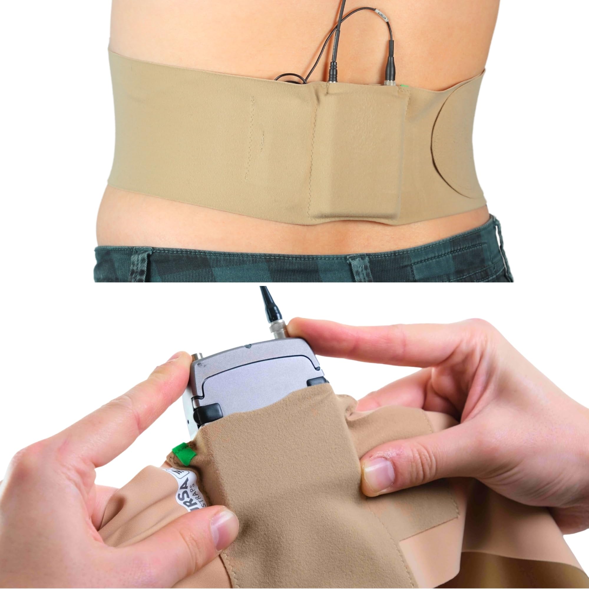 Correa para la cintura URSA: correas para transmisor de micrófono ultradelgadas, transpirables y elásticas. Compatible con la mayoría de los transmisores/receptores (beige, cintura grande, bolsa grande)