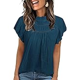 Falechay Blouses for Women Summer Tops 2025 Trendy Ruffle Sleeves Mock Neck T Shirts Pleated Front Loose Fit Work Blouse