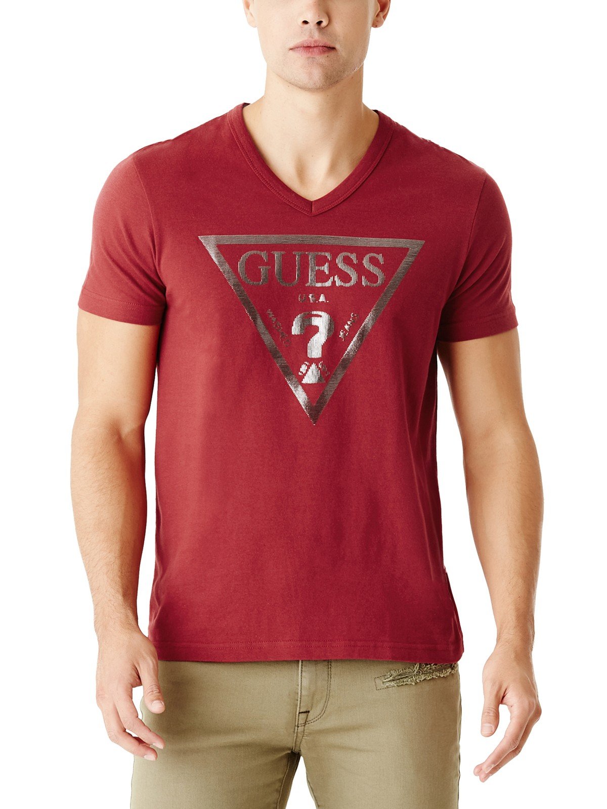 Guess Men's Bordeaux Logo V-Neck Tee 