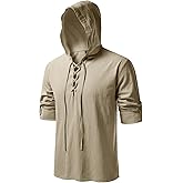 JEMITOP Men's Pure Cotton Retro Style Lace Up Hooded Shirts for Renaissance Pirate Viking Medieval Costume