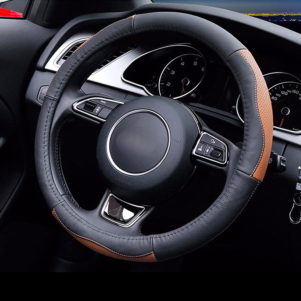 LOCEN Genuine Leather Car Steering Wheel Cover - A STYLE - Black with Brown (Outer Diameter 35CM-36CM)