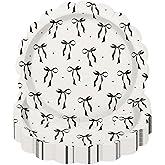 JarThenaAMCS 50Pcs Black Bow Paper Plate Scalloped Bowknot Disposable Plate 9 Inch Decorative Dinner Plate for Birthday Bachelorette Party Table Decor