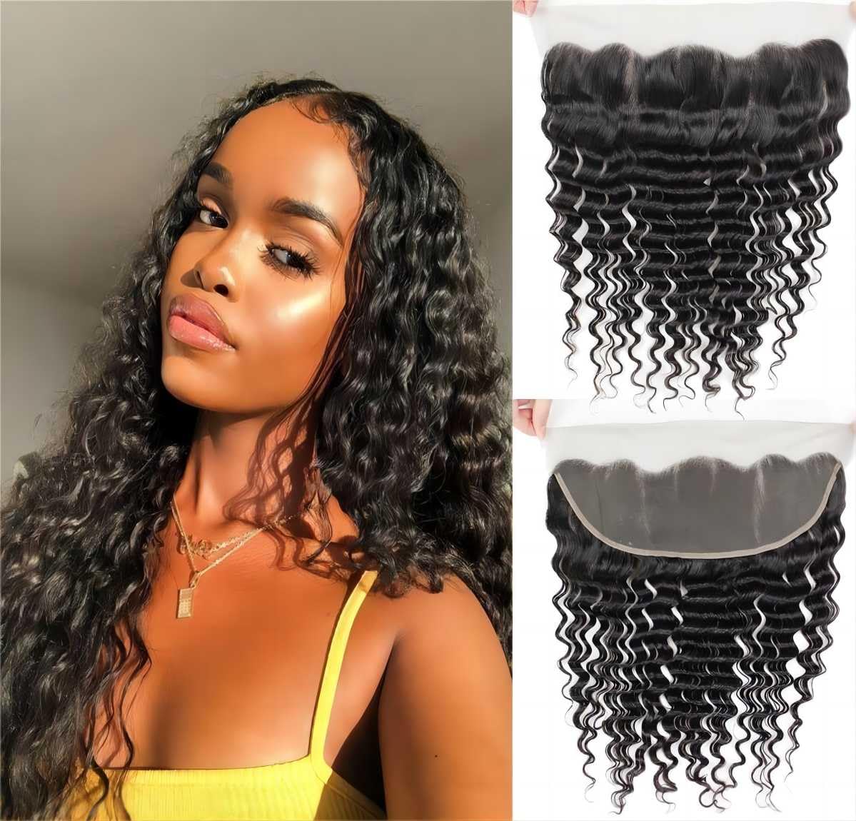 Sexycat Deep Curly 13x4 Lace Frontal Human Hair 20 Inch Water Wave Natural Hairline Ear to Ear Frontal Pre Plucked with Baby Hair Natural Color