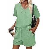 Ekouaer Two Piece Lounge Sets for Women 2025 Summer Short Sets V Neck Pajamas Vacation Outfits S-XXL