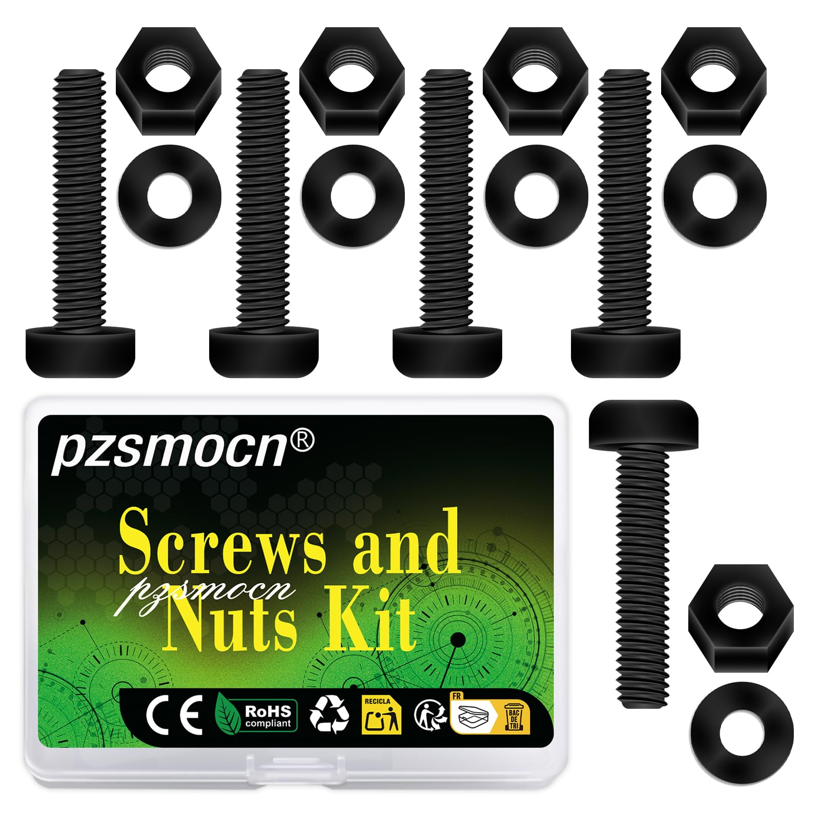 Pzsmocn 300 Pieces/100 Sets M2.5 * 20 mm Plastic Black Nylon Cross Round Head Screw Hexagonal Nut Combination Kit, with Insulating Washers, Standard Size, For DIY and Electronic Assembly.