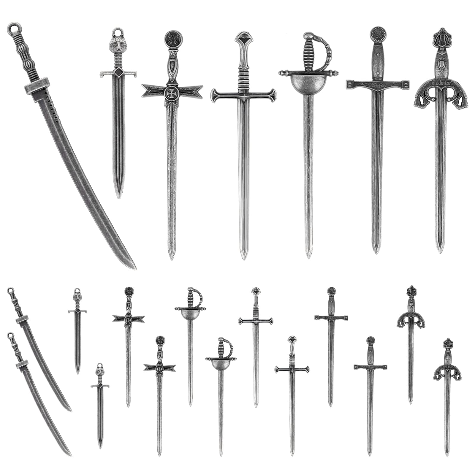 AIEX 21 Pcs 7 Types Vintage Metal Bookmarks, Charm Pendants Mini Sword Knife Bookmarks Long Dagger Bookmark Craft Supplies for Book Lovers DIY (Silver)