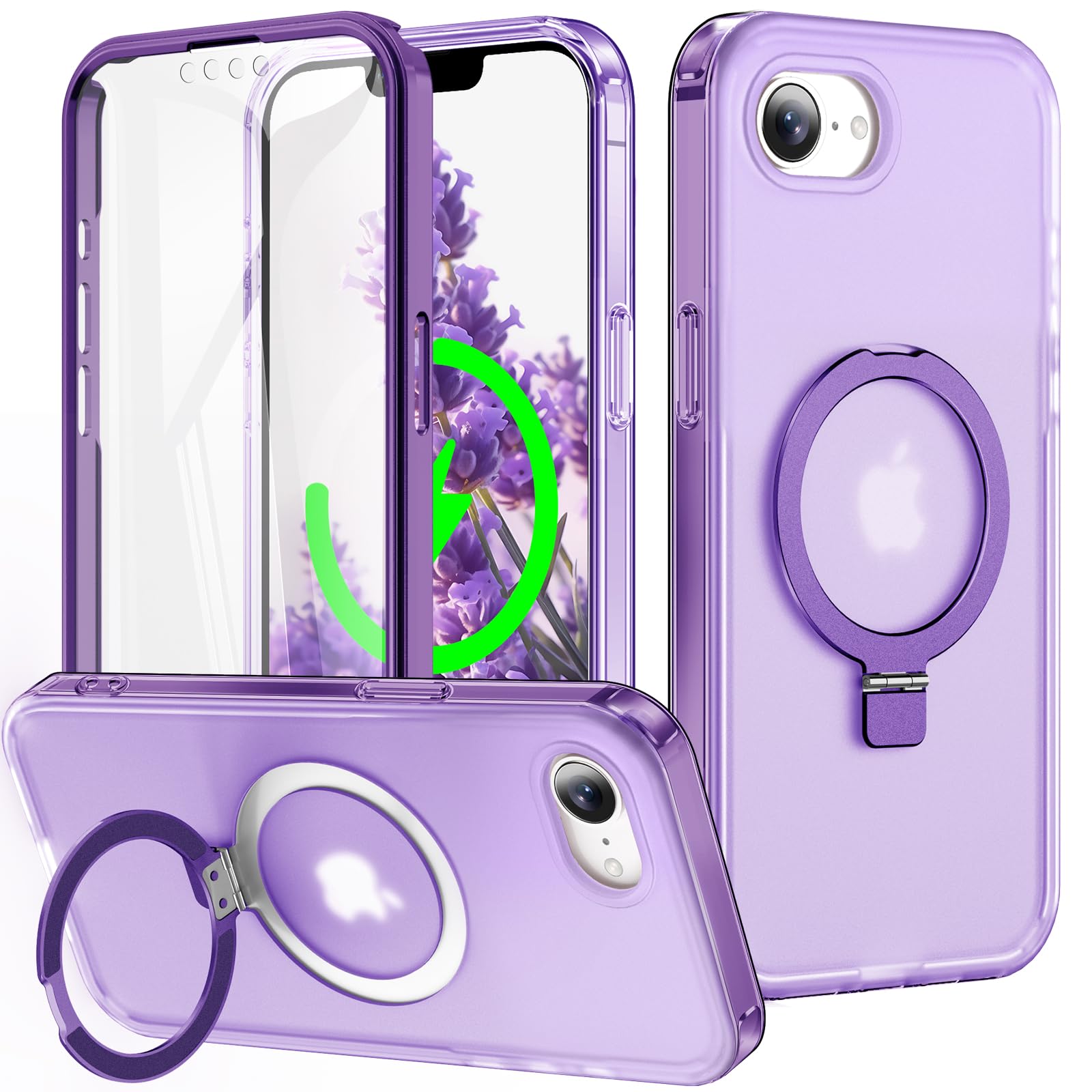 Photo 1 of Turquiase for iPhone 16e Full Body Shockproof Case with Magnetic Invisible Stand [Compatible with MagSafe] Built-in Screen Protector Military Drop ProtectionTranslucent Phone Cover -Purple