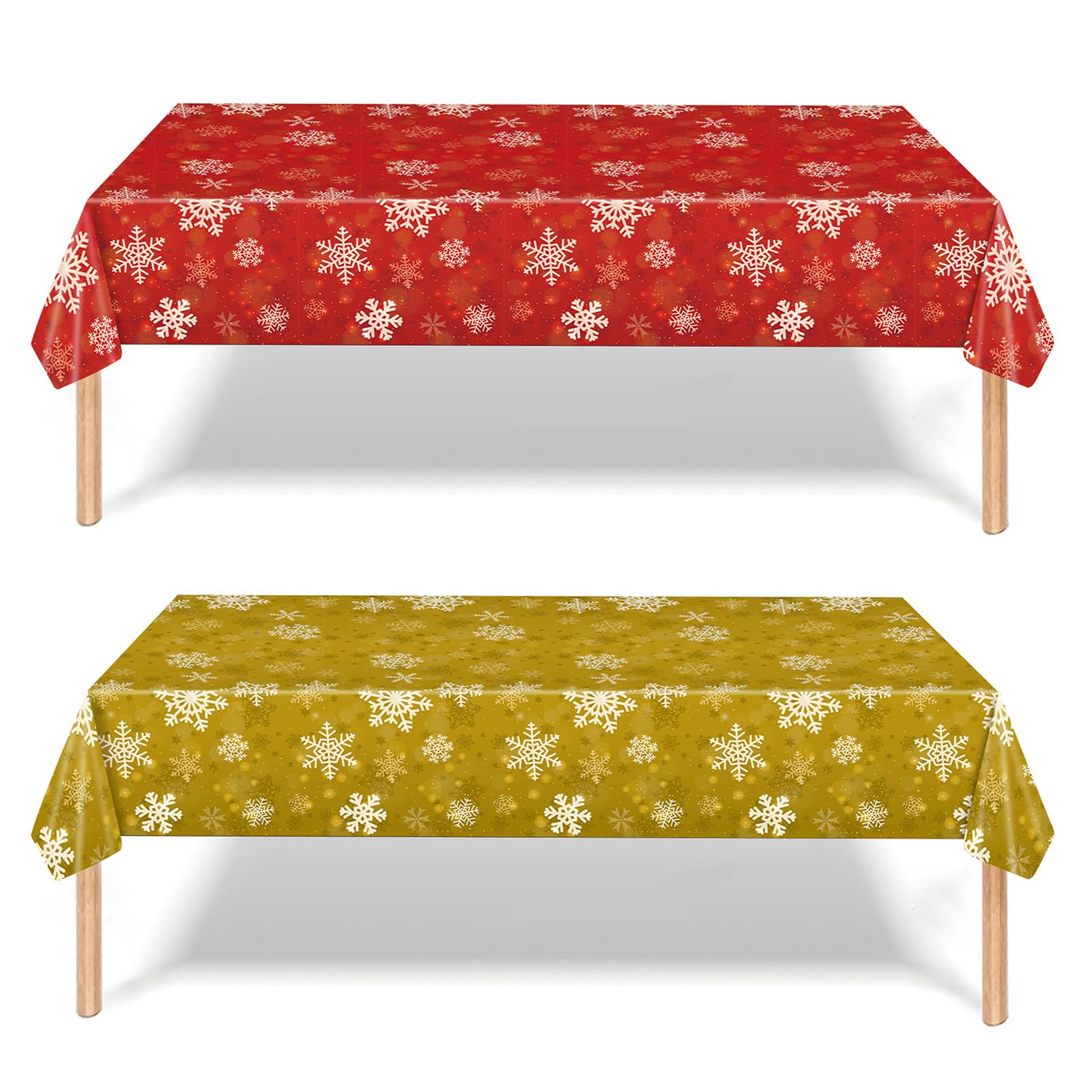 2 Pack Plastic Tablecloths, 137*274cm Gold & Red Snowflower Xmas Table Covers for Large Christmas Party, Winter Holiday, Table Décor