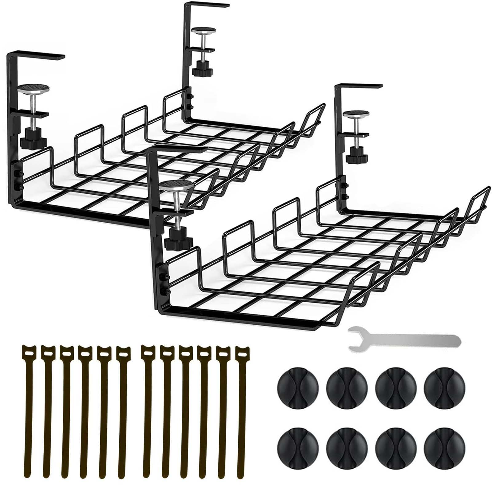 Wnqou 2 Pack Under Desk Cable Management Tray - No Drill Cable Racks for Wire Management, Sturdy Metal Tray Basket for Office and Home Standing Desk