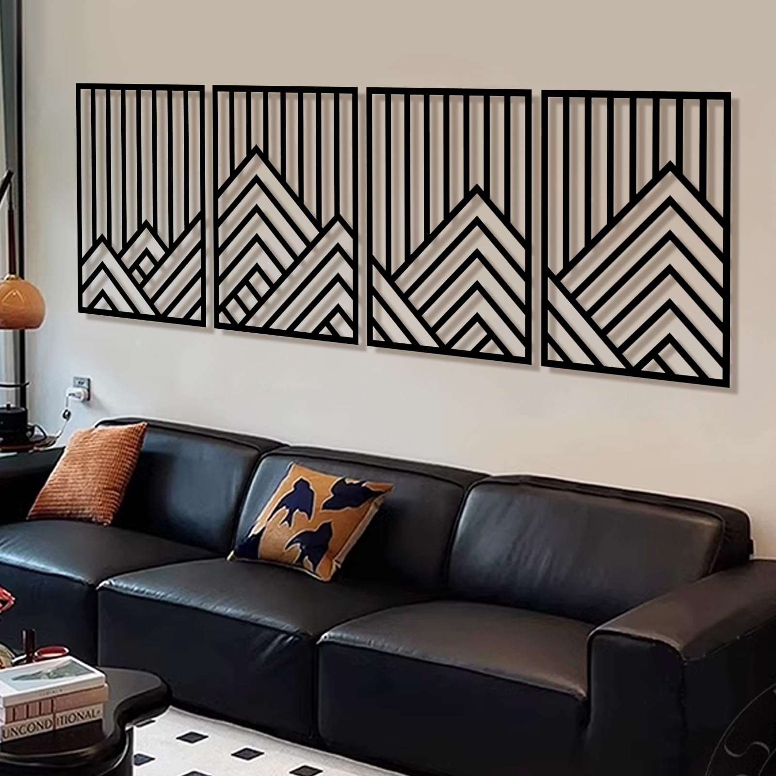 4Pcs Large Abstract Black Metal Wall Decor Mountain Line Art, 23"x16 ...