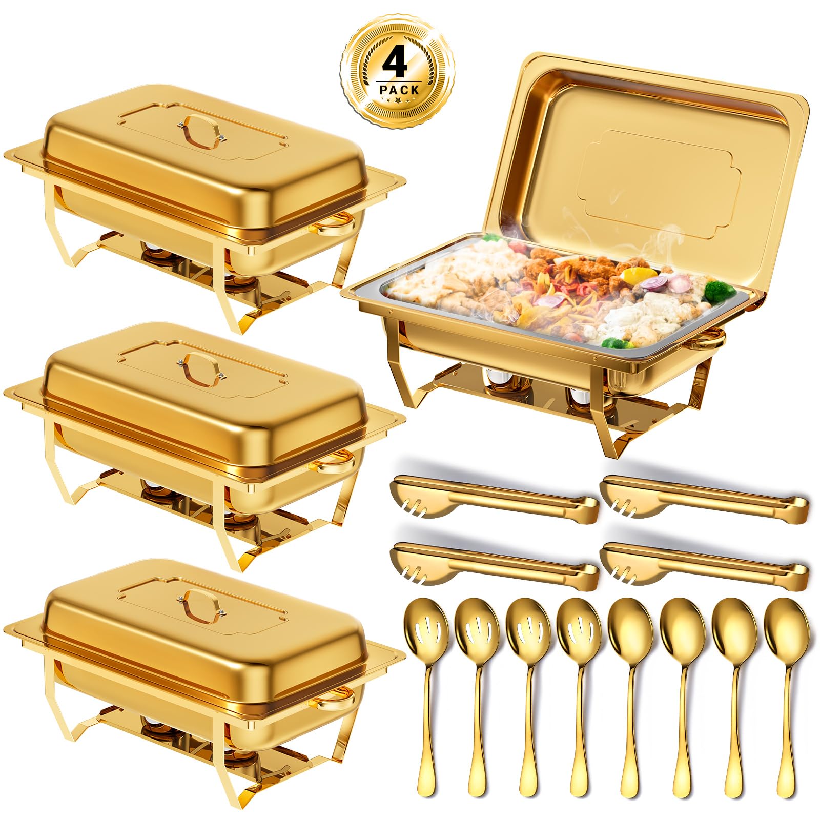 Photo 1 of **SCRATCHES AND DIRT**Keyoxy Chafing Dishes for Buffet, 8 Qt High Grade Chafing Dish Buffet Set, Full Size Pan, Rolled-Edge Design Food Warmers for Parties, Buffet, Wedding, Birthday, Camping 4 Pack [Gold]