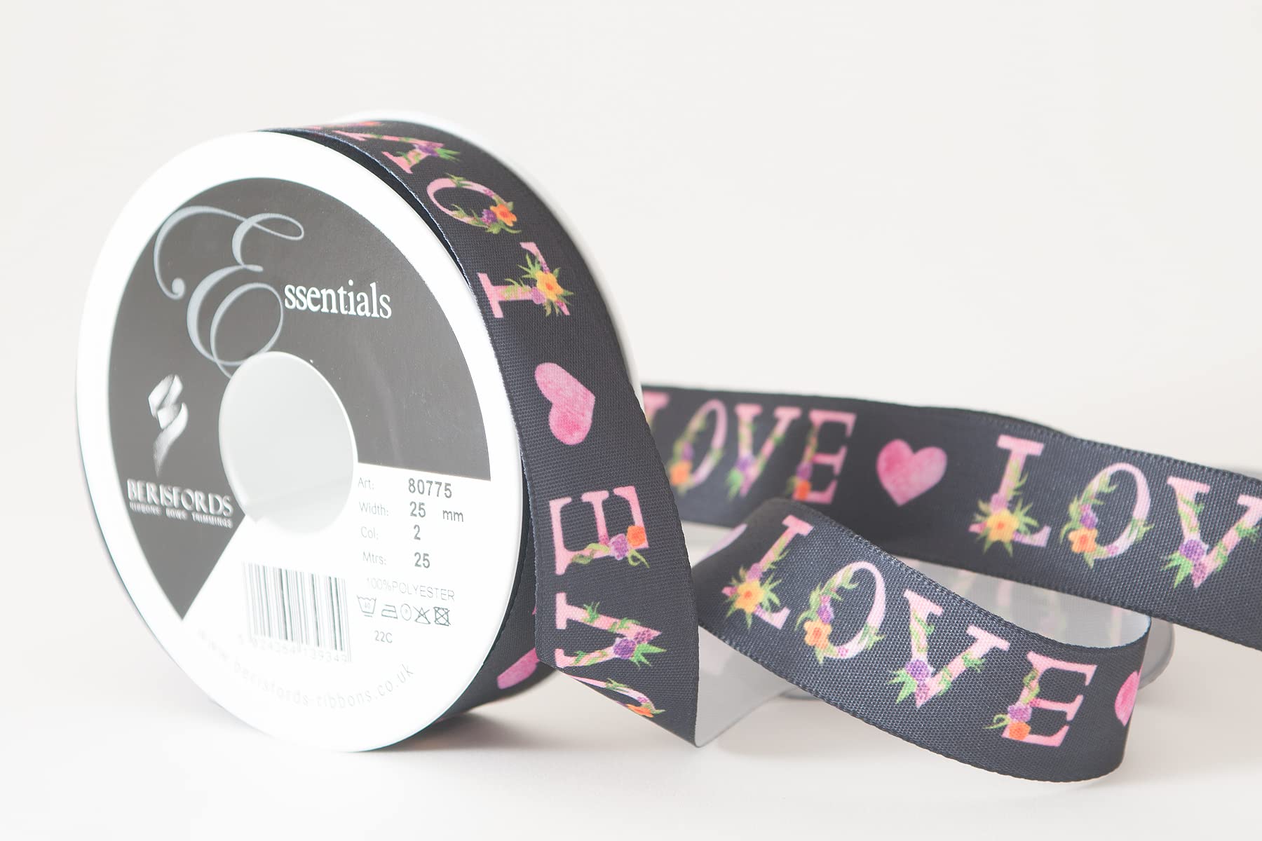 Berisfords Taffeta Patterned Ribbon ‘Love’ Multicolour on Black 25mm Wide 25m Reel
