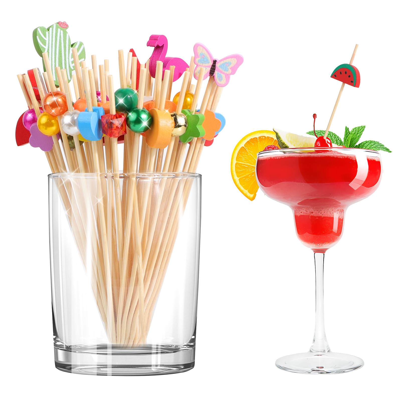 Photo 1 of 100PCS 4.7 Inch Fancy Cocktail Picks, Decorative Bamboo Appetizer Toothpicks with Mixed Shapes, Food Skewers for Appetizers, Drinks, Party, Fruit, Charcuterie Boards Accessories
