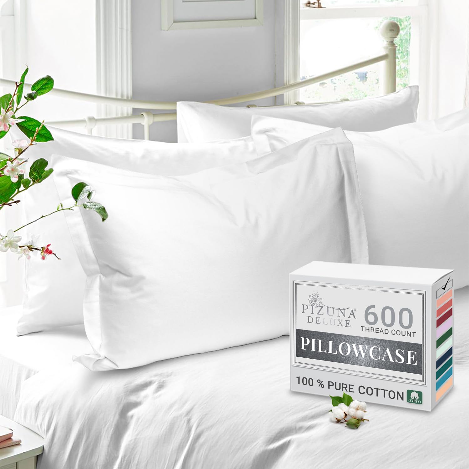 Pizuna Pure Cotton Standard Pillowcases 2 Pack White 50x75cm, 600 Thread Count Long Staple Combed Cotton Crisp Pillow Cover, Soft Sateen Oxford Pillow Cases (Cooling Pillowcase)