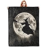 VANZEV Midnight Witch Flight Fleece Blanket Gifts, Silhouette Against Full Moon Design, Soft Throw 50x60 inches, Haunting Halloween Decor - Black and Gray