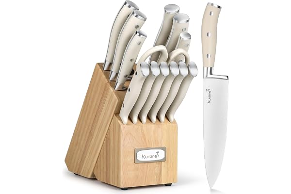 Kuisine Chef Knife Set,High Carbon Stainless Steel Ultra Sharp Blade Ergonomic Handle,Kitchen Knife Block Set with Built-in S
