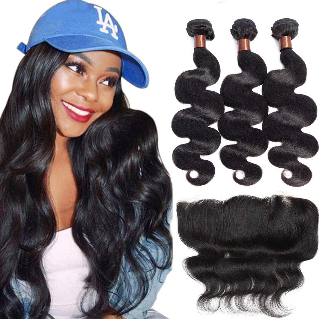 BLACKMOON HAIR Brazilian Virgin Hair Body Wave 3 Bundles With Full Lace Frontal Unprocessed Virgin Human Hair Extensions Hair Weave Natural Black Color (10"12" 14" Weft+8" Frontal)