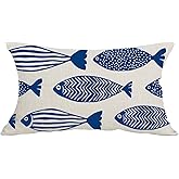Cariwotan Ink Painting Watercolor Blue Fish Summer Gift Decorative Lumbar Pillowcase Throw Pillow Cover Case Chair Sofa Bed Home Decoration Cotton Linen Rectangular 12 x 20 Inches