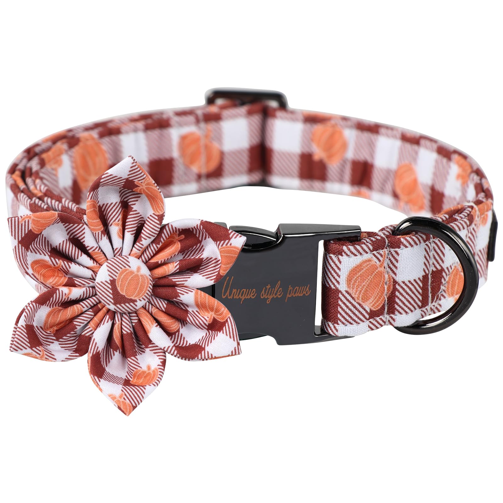 Unique Style Paws Halloween Dog Collar With Pumpkin, Adjustable Plaid Flower for Boy Girl Dogs, Metal Buckle, S, Neck 10-16in — image 1