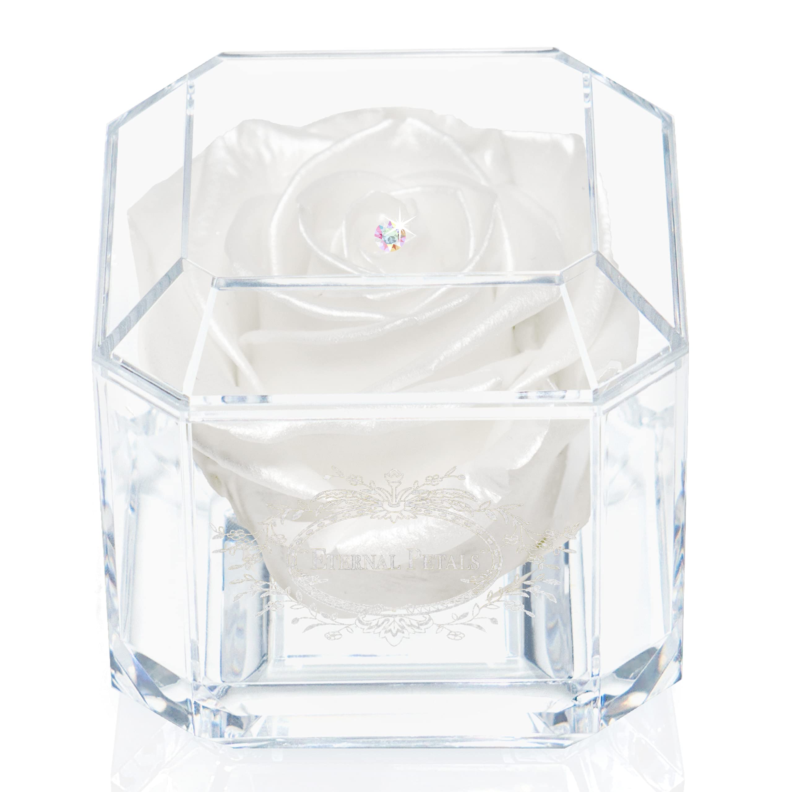 A 100% Real Rose That Lasts Years - Eternal Petals, Handmade in UK – White Gold Solo with A Multicolor Crystal (White Satin)