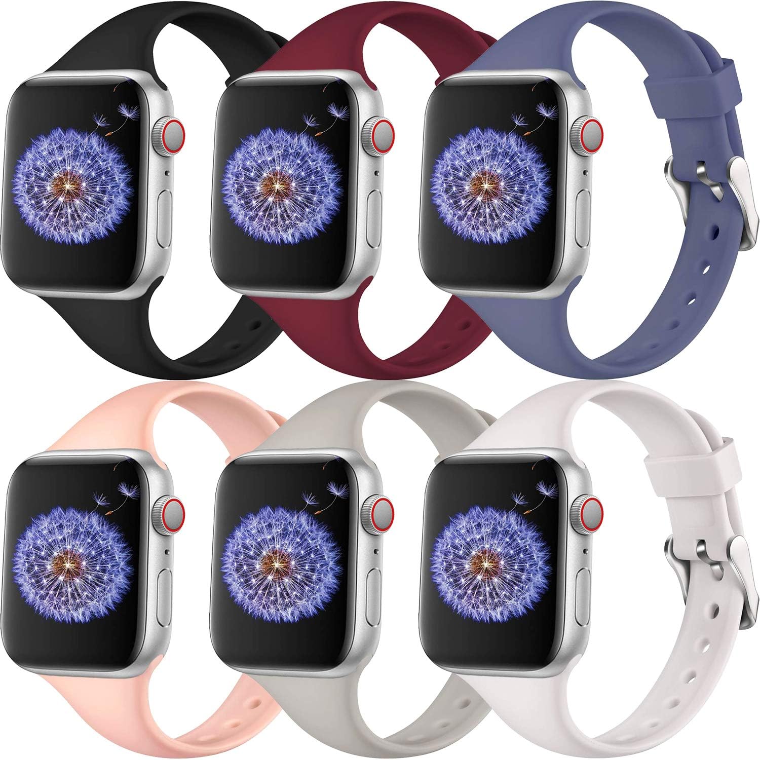 MAZTRON 6-Pack Slim Silicone Band Compatible with Apple Watch 38mm 40mm 42mm 44mm size, Soft Silicone Narrow & Thin Replacement Sport Strap for iWatch Series SE 6 5 4 3 2 1