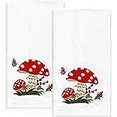 JarThenaAMCS 2Pcs Mushroom Hand Towels Spring Cotton Embroidered Cute Dish Towel for Kitchen Bathroom Hand Drying Cleaning Cooking, 29.5 x 13.7 Inch
