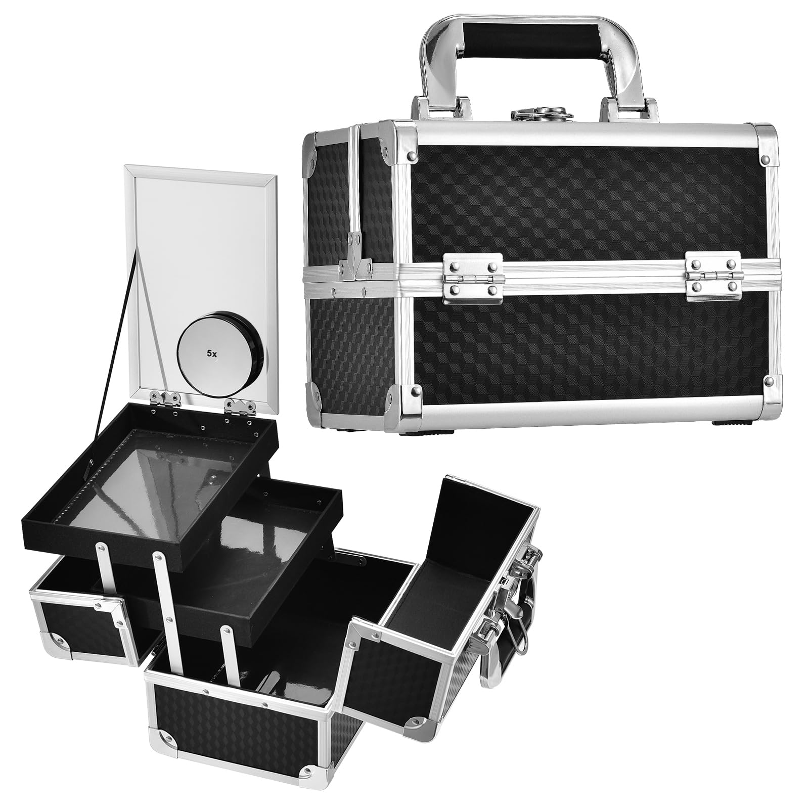 Joligrace Makeup Box Vanity Case Cosmetic Organiser Case Beauty Box with Mirror and Magnification(5X) Spot Mirror, Black
