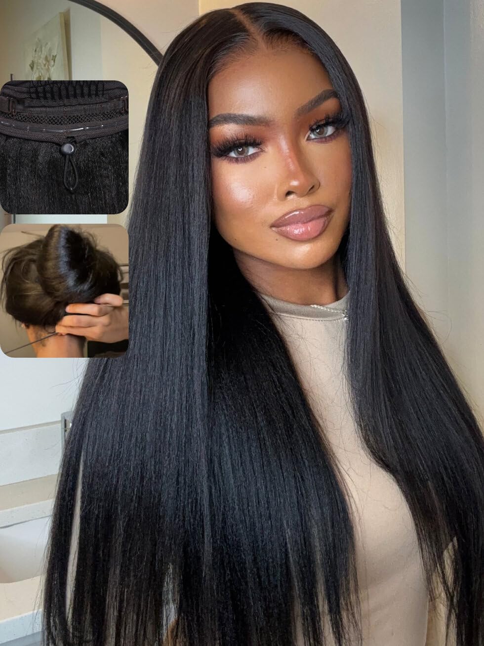 Photo 1 of *MINOR DAMAGE - USED*
UNICE Bye Bye Knots Wig Yaki Straight 7x5 Pre Cut HD Lace Front Wigs Human Hair with Elastic Drawstring Glueless Wig Human Hair Pre Plucked Bleached Knots Natural Hairline 150% Density 24 inches