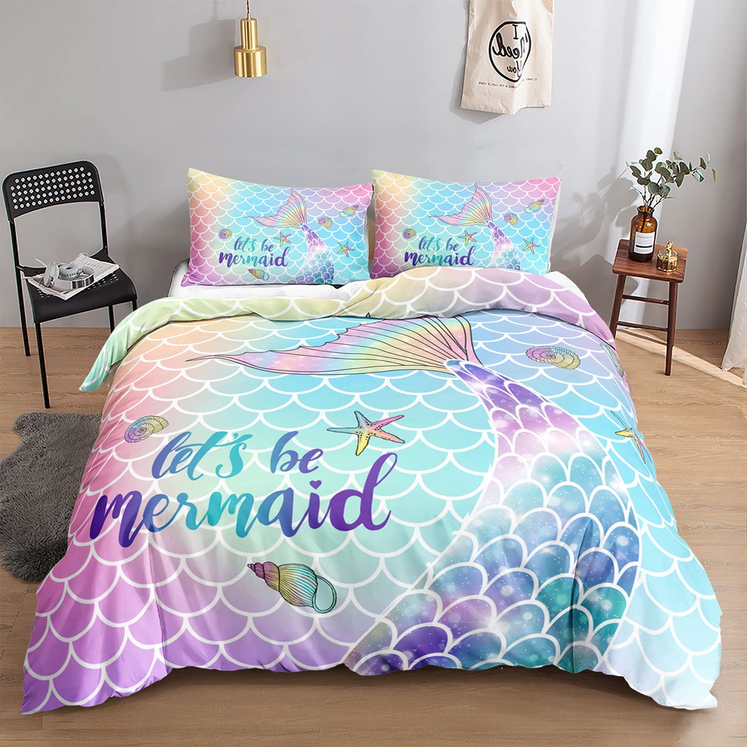 HOSIMA Mermaid Duvet Covers Bedding Set for Girls Kids, Rainbow Scales Watercolor Mermaid Tail and Sea Shell Print with 2 Pillowcases(Mermaid Superking) — image 1