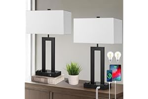 Modern Table Lamps Set of 2-22" Tall Bedside Lamps with USB-C/USB-A Charge Ports & Outlet, Stepless Dimmable Fabric White Sha
