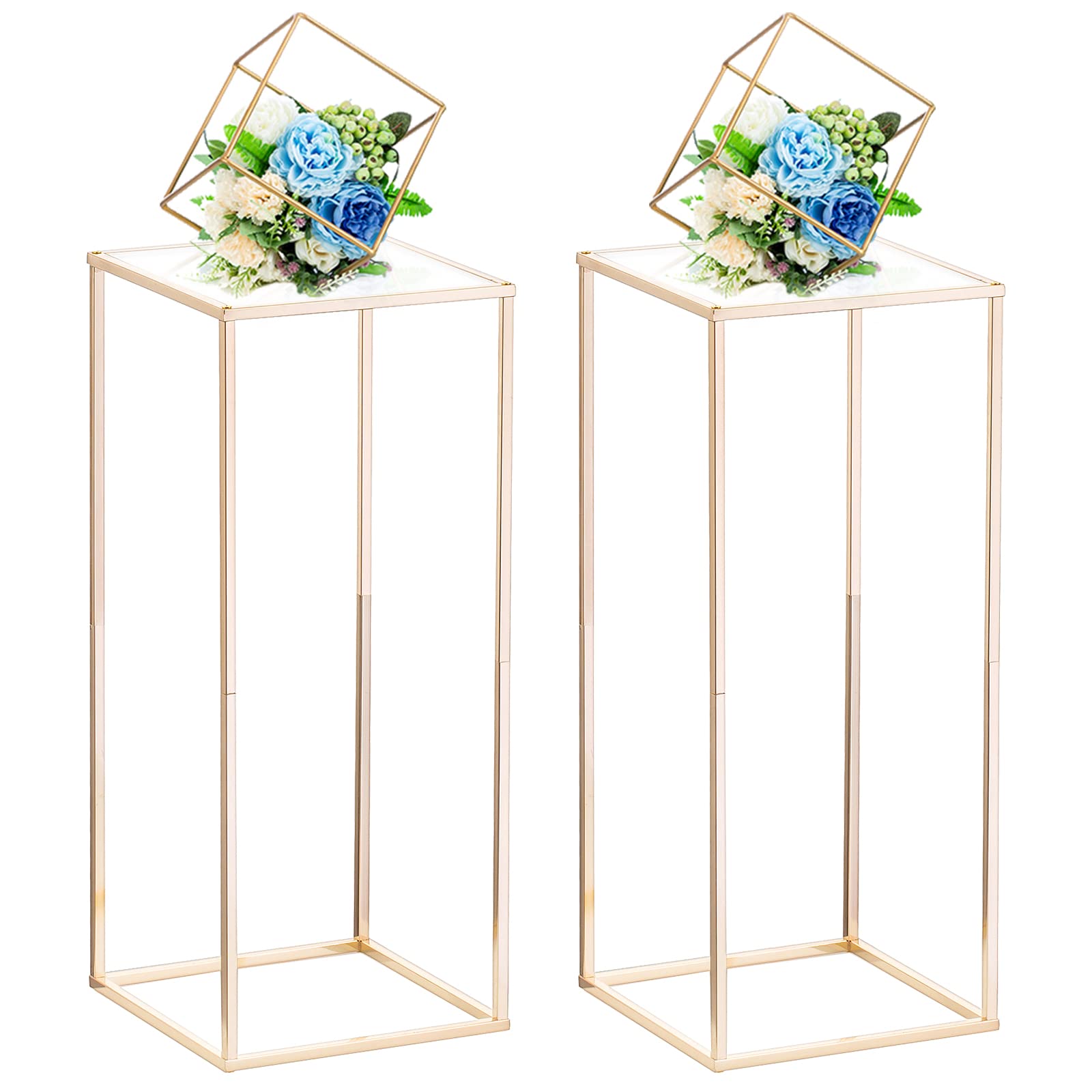 Nuptio Gold Vase for Wedding Centrepieces with Acrylic Panel - 2 Pcs 60cm Tall Metal Flower Vases Flowers Stand for Party Table Elegant Weddings Centerpieces Decoration Geometric Column Display Stand