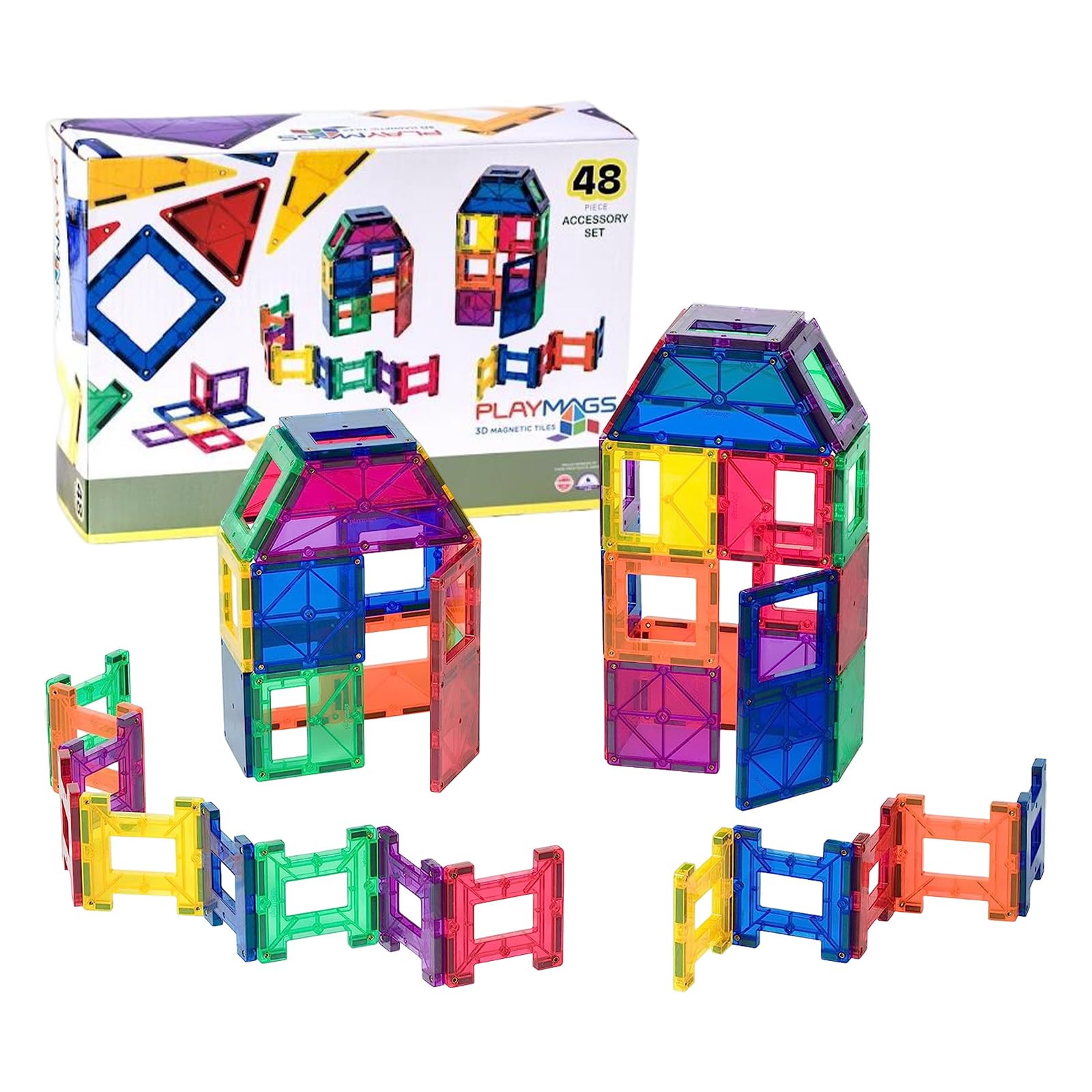 Playmags 48 Piece Set: Now with Stronger Magnets, Sturdy, Super Durable with Vivid Clear Color Tiles